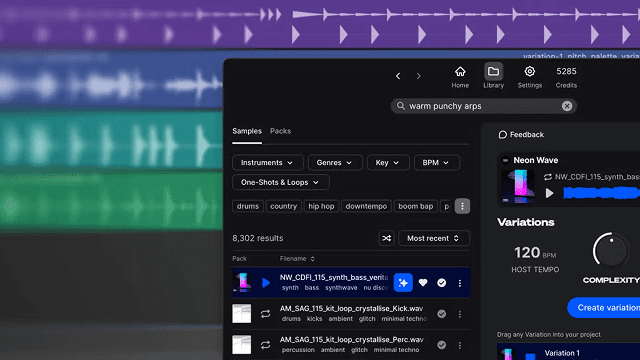 The Splice Sounds plugin browsing and previewing samples inside a DAW