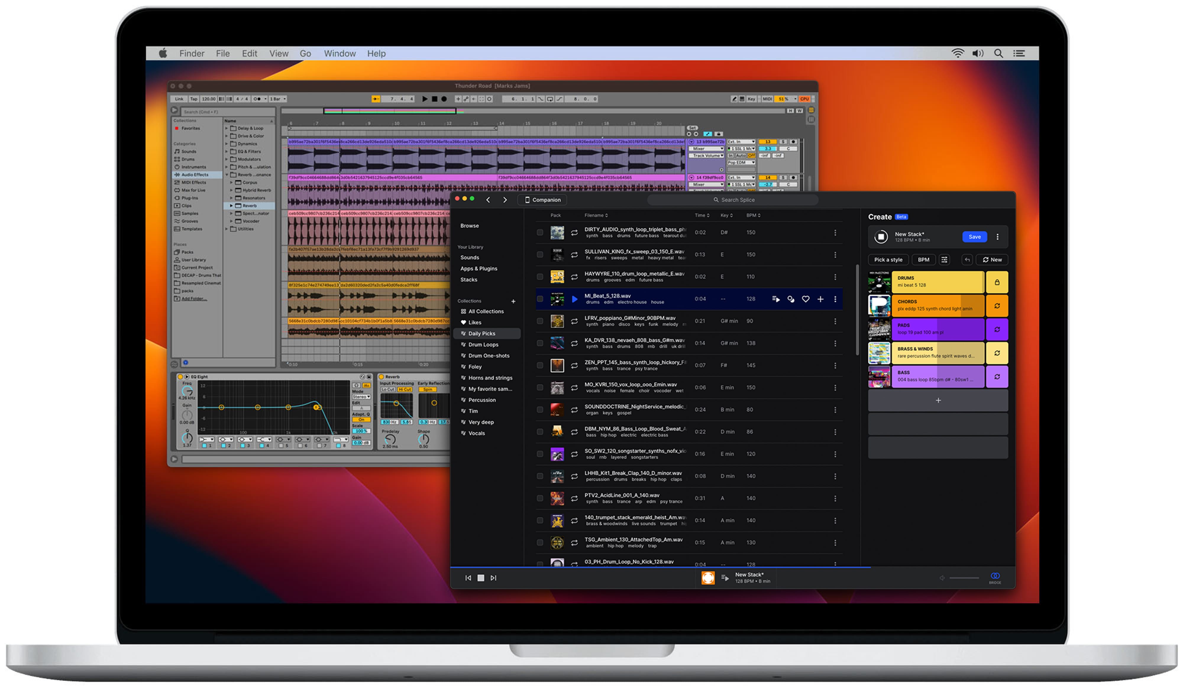 Screenshot of Splice desktop application opened next to Ableton on a Macbook Pro